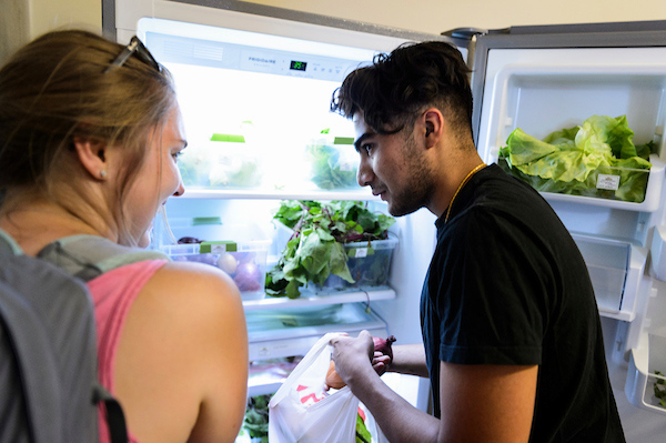 A student puts produce from a refrigerator into a plastic bag to take home.
